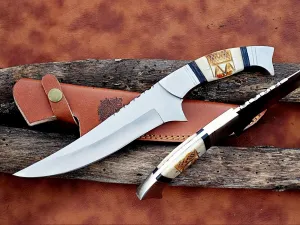 | 12 inch handcrafted hunting knife with leather Sheath, 7-inch Stainless Steel double edged Blade with 5-inch wooden handle for Camping, Outdoor, Bush craft