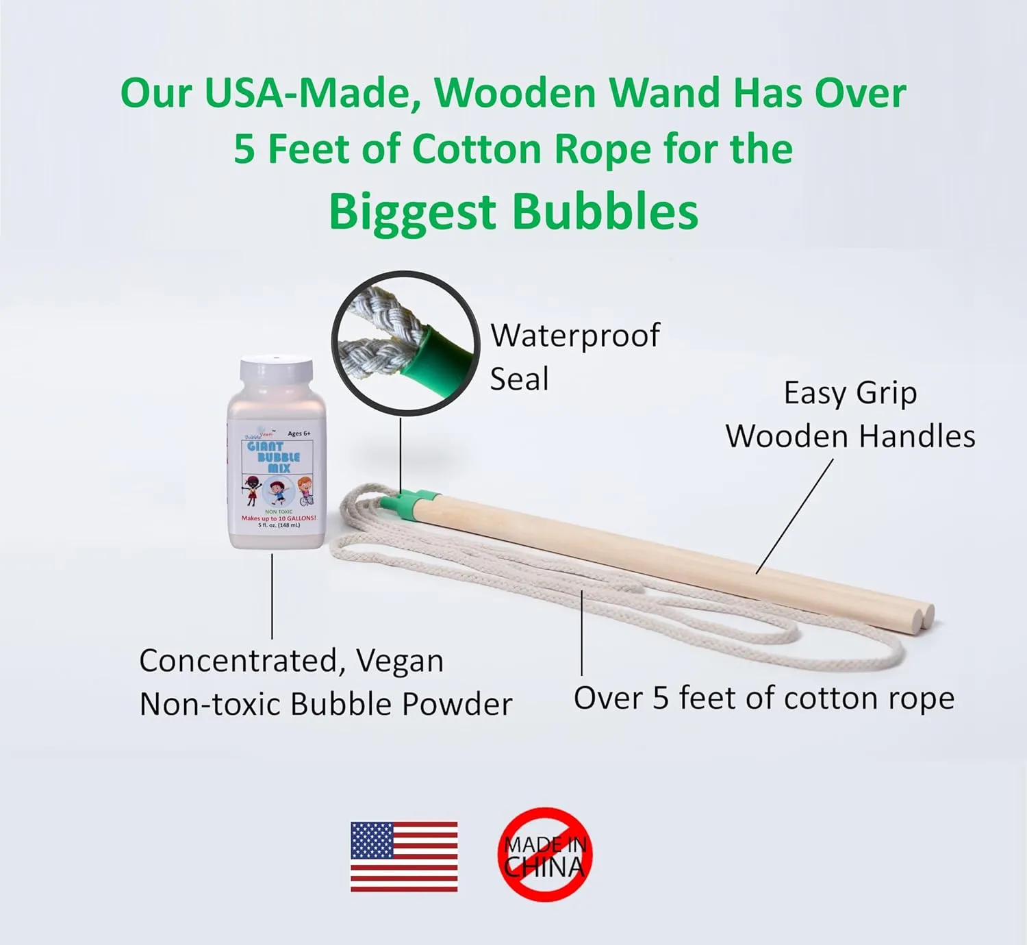 | Made in USA | Includes Two Wooden Wands, a Tips/Tricks Booklet, and 1 Large Bottle of Bubble Mix - Makes Gallons of Big Bubble Solution for Parties and Fun (Party: 2 Wands and Large Mix)