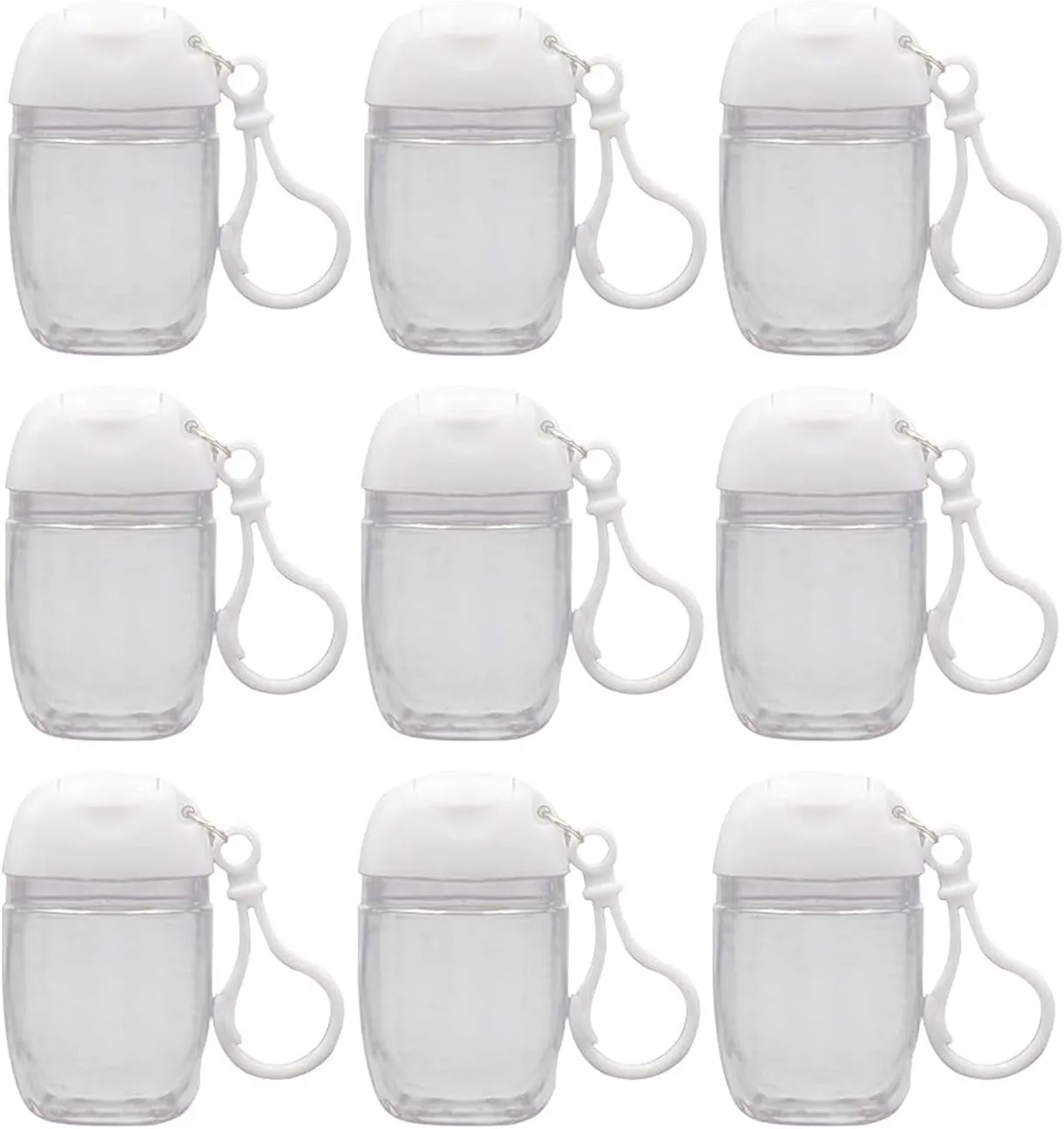 10 Pcs 1Oz 30ml Clear Empty Bottles Hand Sanitizer Travel Holder Hook Keychain Carriers White Flip Cap Reusable Portable Empty Bottle Refillable Cosmetic Container for Liquid Lotions Creams