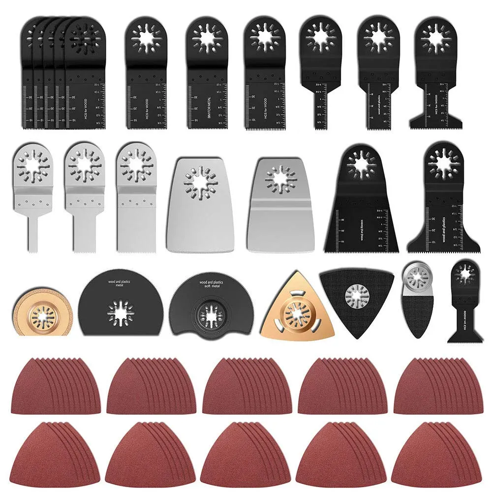 100 Pieces Oscillating Saw Blades, Multi Tool Blades Kits with Sandpaper for Wood, Metal Cutting, Quick Release Tool Blades Kits Fit for Multimaster Rockwell Fein Bosch Task Ryobi