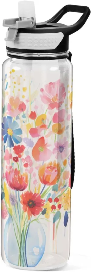 1000 ML Sports Water Bottle with Straw,Reusable Water Bottle Colorful Flower Water Bottle Leak Proof,BPA Free,Tritan Drink Bottle with Straw for Office,School,Gym,Outdoor