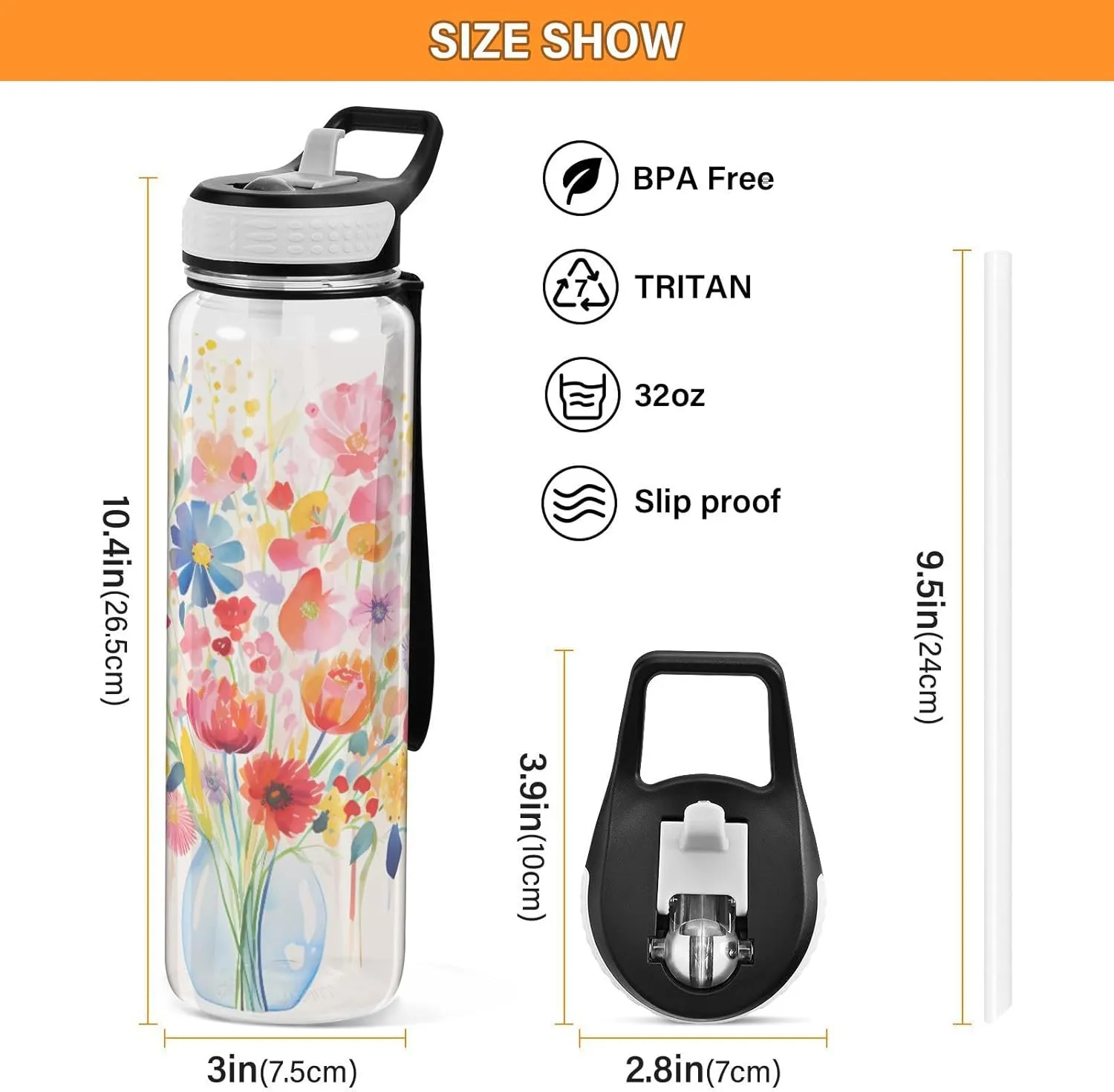 1000 ML Sports Water Bottle with Straw,Reusable Water Bottle Colorful Flower Water Bottle Leak Proof,BPA Free,Tritan Drink Bottle with Straw for Office,School,Gym,Outdoor