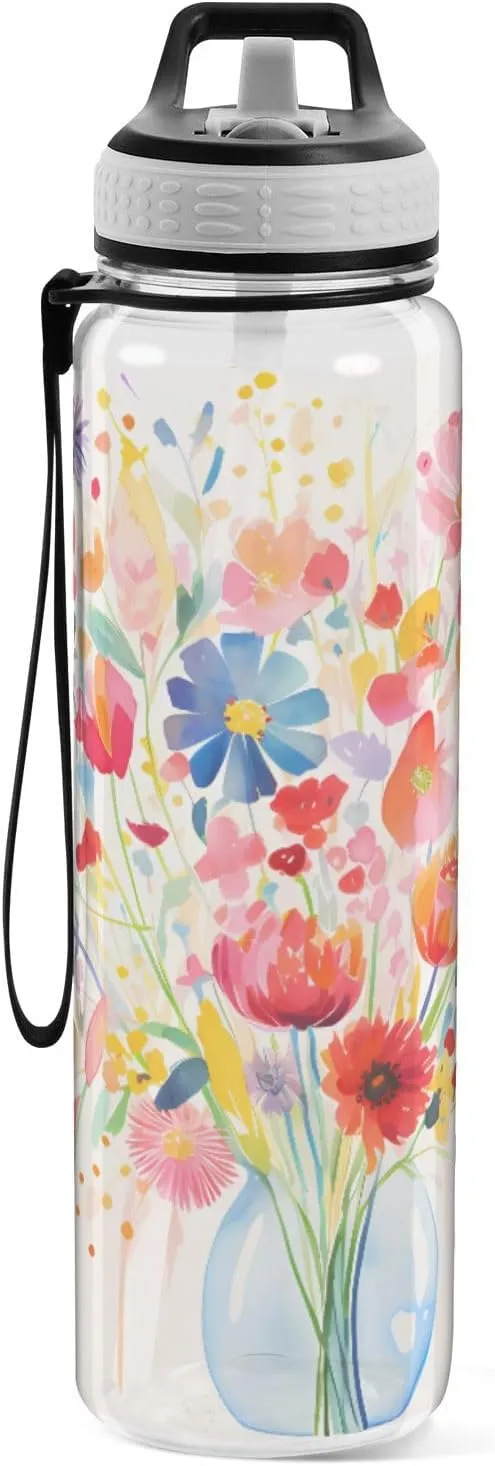 1000 ML Sports Water Bottle with Straw,Reusable Water Bottle Colorful Flower Water Bottle Leak Proof,BPA Free,Tritan Drink Bottle with Straw for Office,School,Gym,Outdoor