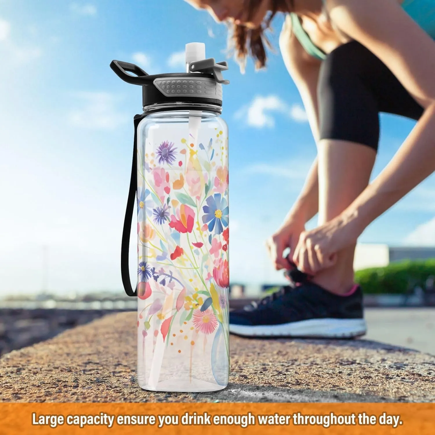1000 ML Sports Water Bottle with Straw,Reusable Water Bottle Colorful Flower Water Bottle Leak Proof,BPA Free,Tritan Drink Bottle with Straw for Office,School,Gym,Outdoor