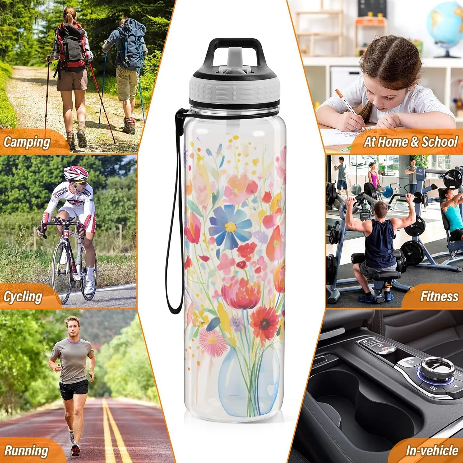 1000 ML Sports Water Bottle with Straw,Reusable Water Bottle Colorful Flower Water Bottle Leak Proof,BPA Free,Tritan Drink Bottle with Straw for Office,School,Gym,Outdoor