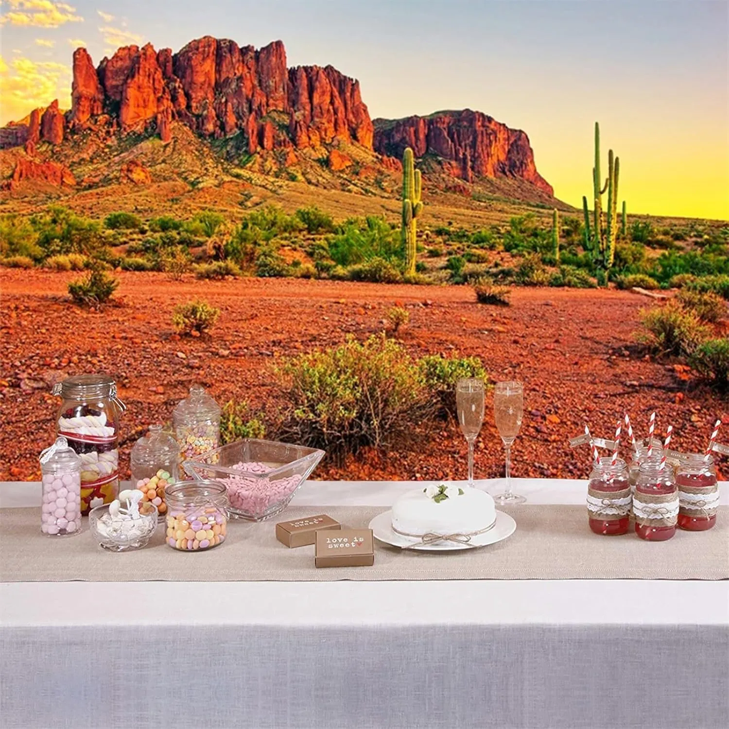 10x6.5ft Sunset Desert Backdrop Mountains Sun Weathered Rock Mountains Plants Gobi Nature Landscape Background Hiking Camping Pictures Home Decor Photo Studio Props