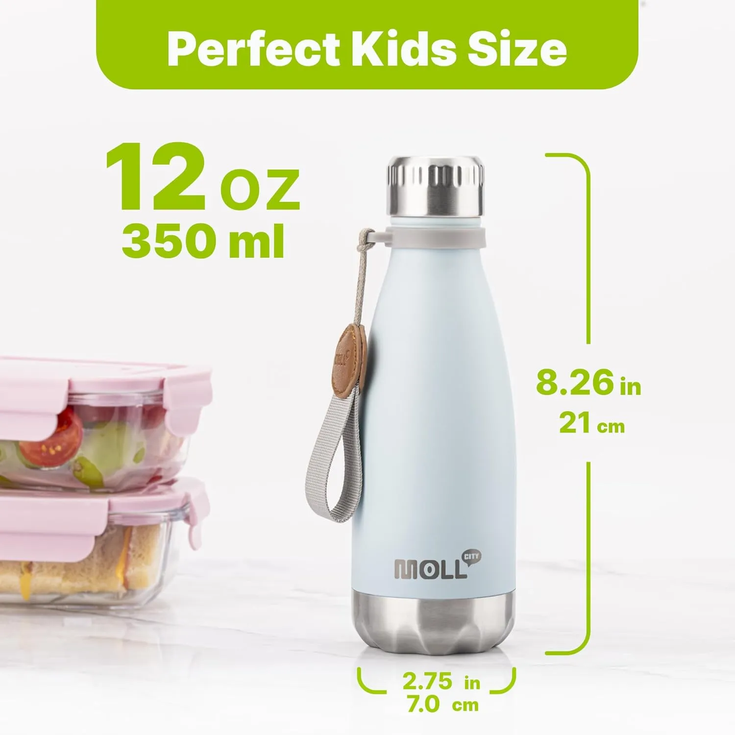 12 oz Kids Water Bottle | 18/8 Stainless Steel Insulated Water Bottle for School with Carry Rope | Cola Shape Sports Leak Proof Water Flask for Travel, Baby Blue