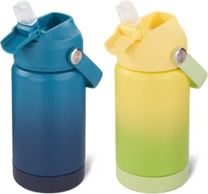12 oz Water Bottle, 2 pack Kids Water Bottles for School, Toddler Cup with Straw & Handle, 304 Stainless Steel Insulated Water Bottle, BPA Free, Gradient Blue Gradient Yellow