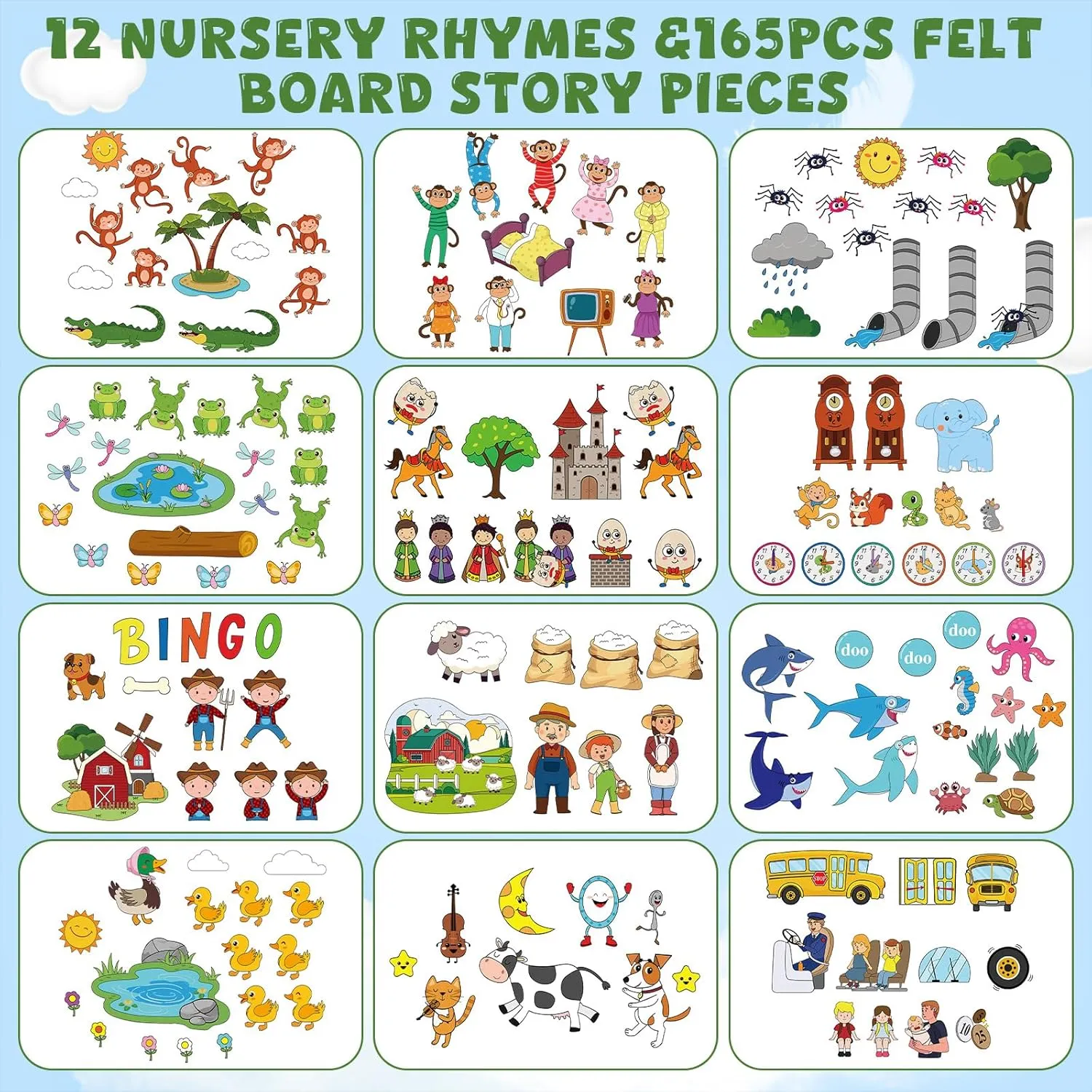 12 Pack Flannel Felt Board Stories Set with a Foldable Board for Preschool Activities Boys Girls(Nursery Rhymes)