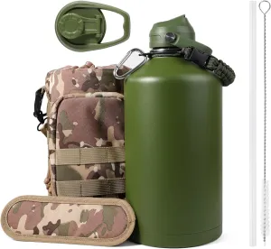128 oz Insulated Water Bottle with Straw, Large One Gallon Stainless Steel Water Jug with Carrying Pouch, Keep Hot and Cold, 1 Gallon Water Bottle with Sleeve & Strap for Travel, Hiking & Camping
