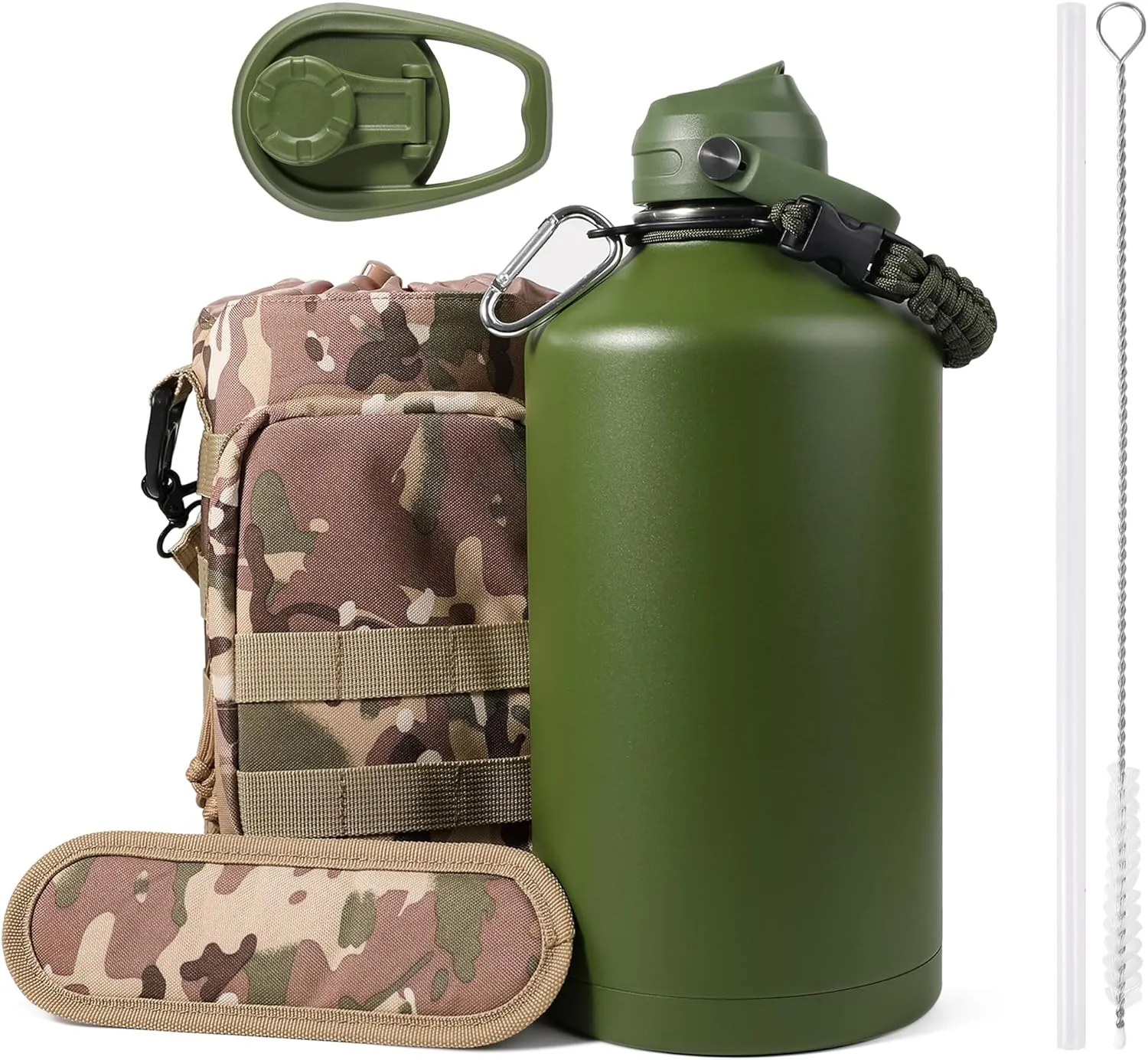 128 oz Insulated Water Bottle with Straw, Large One Gallon Stainless Steel Water Jug with Carrying Pouch, Keep Hot and Cold, 1 Gallon Water Bottle with Sleeve & Strap for Travel, Hiking & Camping