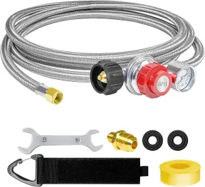 12FT 0-30PSI High Pressure Adjustable Propane Regulator with 0-60PSI Gauge Gas Flow Indicator, Stainless Steel Braided Hose and Gas Grill Regulator, QCC1x3/8 Female Flare Fitting for Gas Tank Cooker