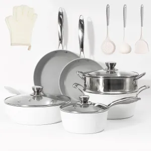 13 Piece Healthy Ceramic Nonstick Kitchen Cookware Set, Heavy Gauge Aluminum Pots and Pans Set, PFOA Free, Induction/Ceramic Stove Compatible, Oven/Dishwasher Safe, White & Gray…