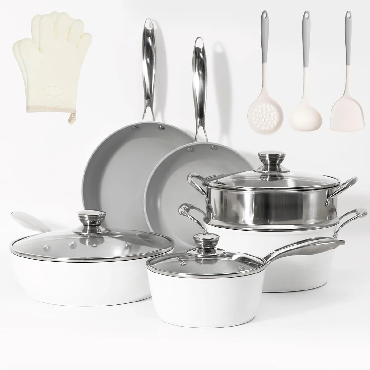 13 Piece Healthy Ceramic Nonstick Kitchen Cookware Set, Heavy Gauge Aluminum Pots and Pans Set, PFOA Free, Induction/Ceramic Stove Compatible, Oven/Dishwasher Safe, White & Gray…