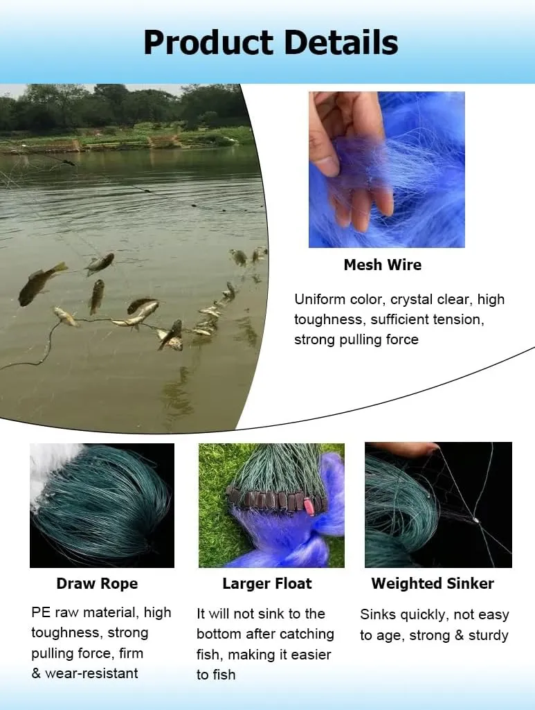 1.5-2 M Depth 50-100M Length 3/4/5/6/7/8 Fingers Mesh Size Fishing Sticky Net Sinking Nets, 3 Layers Fishing Gill Net Shoal