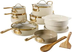 15 Piece Pots and Pans Heavy Duty Aluminum Premium PFA Free Ceramic Nonstick Dutch Oven Pot with Lid - Almond Cream w/Gold Handle