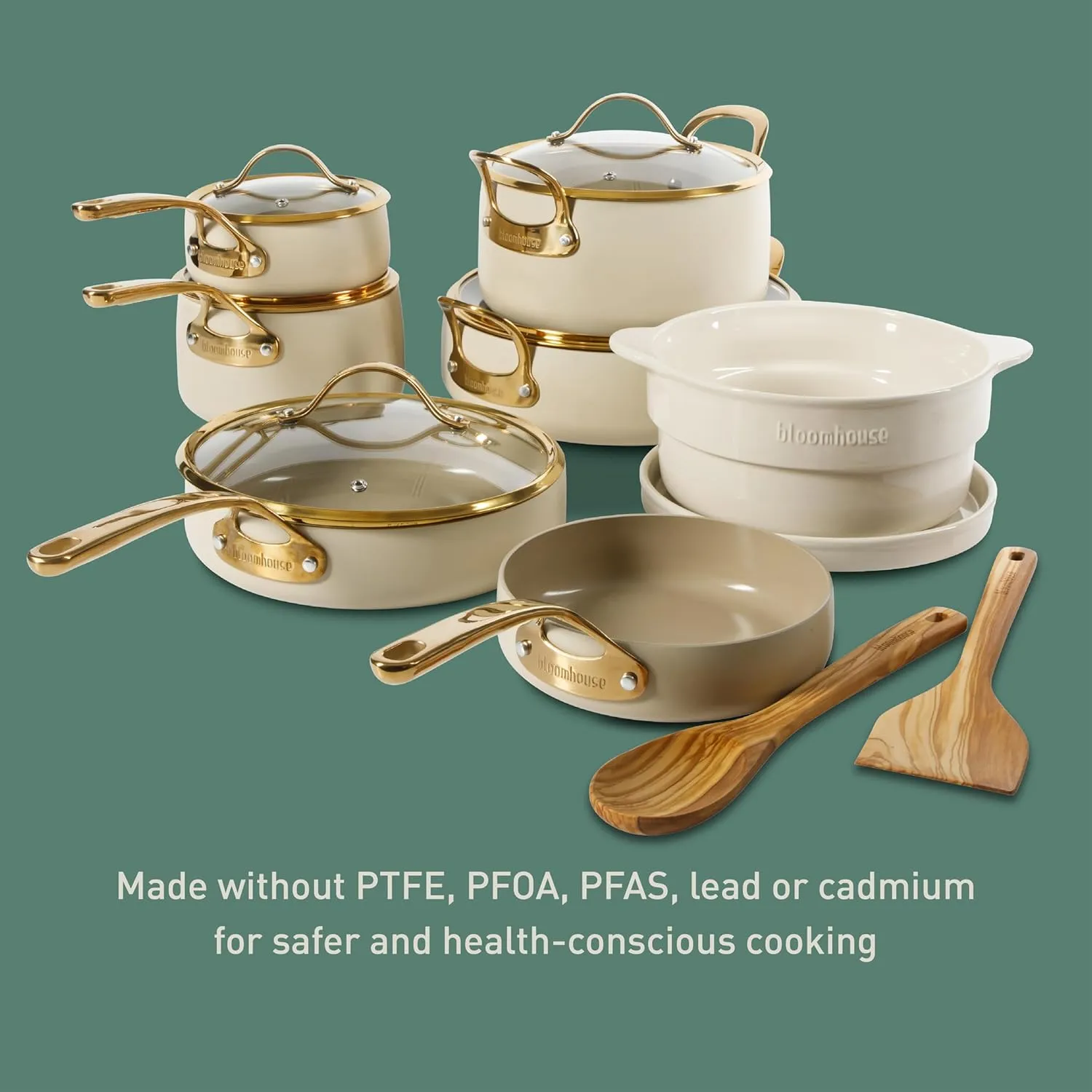 15 Piece Pots and Pans Heavy Duty Aluminum Premium PFA Free Ceramic Nonstick Dutch Oven Pot with Lid - Almond Cream w/Gold Handle