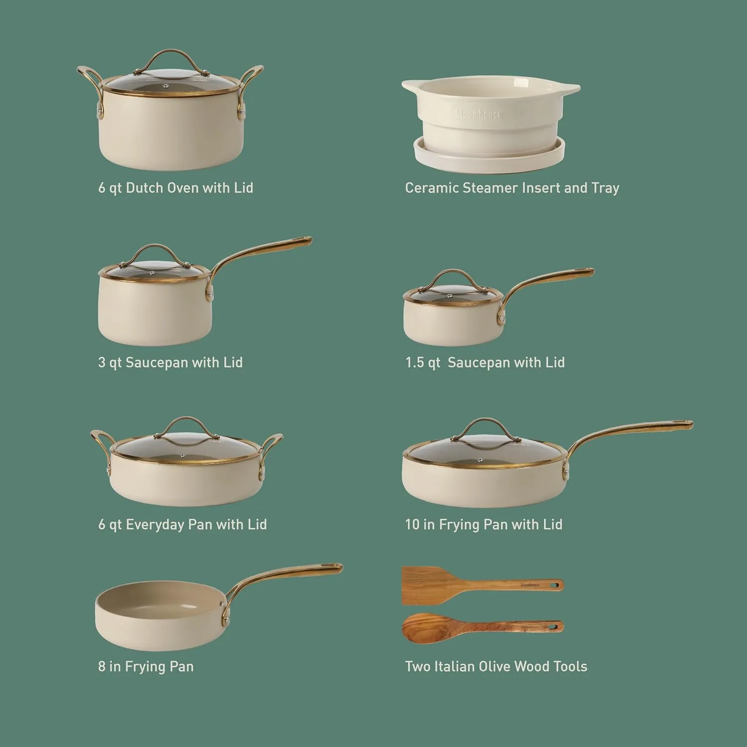 15 Piece Pots and Pans Heavy Duty Aluminum Premium PFA Free Ceramic Nonstick Dutch Oven Pot with Lid - Almond Cream w/Gold Handle