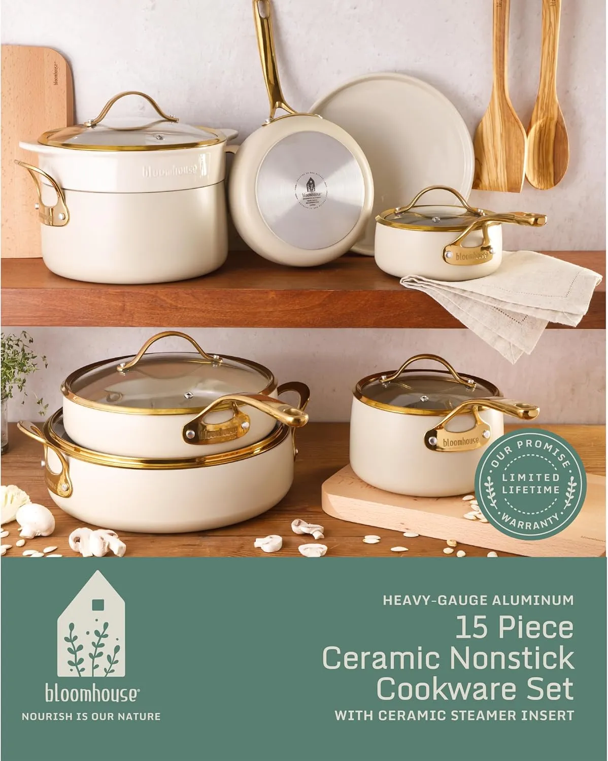 15 Piece Pots and Pans Heavy Duty Aluminum Premium PFA Free Ceramic Nonstick Dutch Oven Pot with Lid - Almond Cream w/Gold Handle