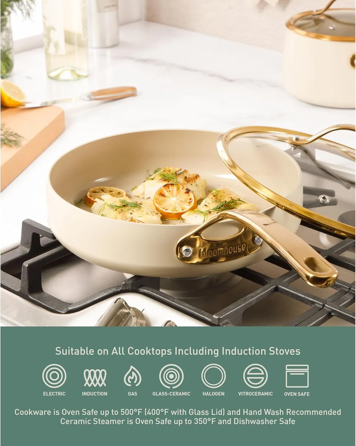 15 Piece Pots and Pans Heavy Duty Aluminum Premium PFA Free Ceramic Nonstick Dutch Oven Pot with Lid - Almond Cream w/Gold Handle