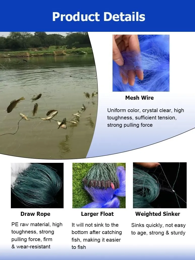 1.5/2 M Depth 50/100M Length 3/4/5/6/7/8 Fingers Mesh Size Fishing Sticky Net Sinking Nets, 3 Layers Fishing Gill Net Shoal