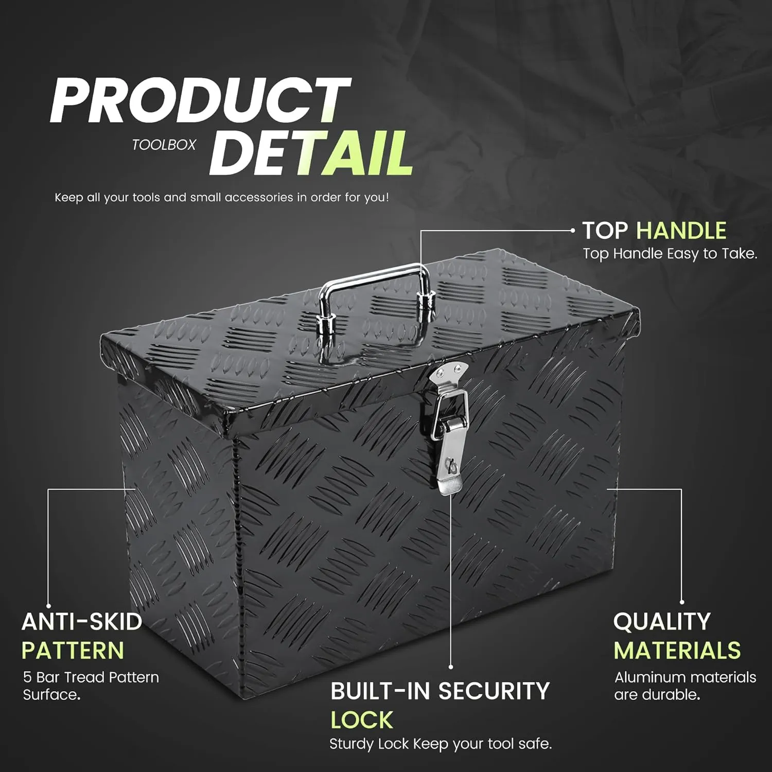 16 Inch Aluminum Tool Box, Truck Bed Storage Tool Organizer with Top Handle for Truck Trailer Pickup RV 16"X7.5"X10" Black