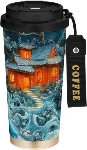 17 oz Insulated Coffee Mug Book World Snowy Night with Straw and Leak Proof Lid Double Wall Water Bottle Stainless Steel Vacuum Thermal Travel Drinking Cup for Hot/Cold Drink