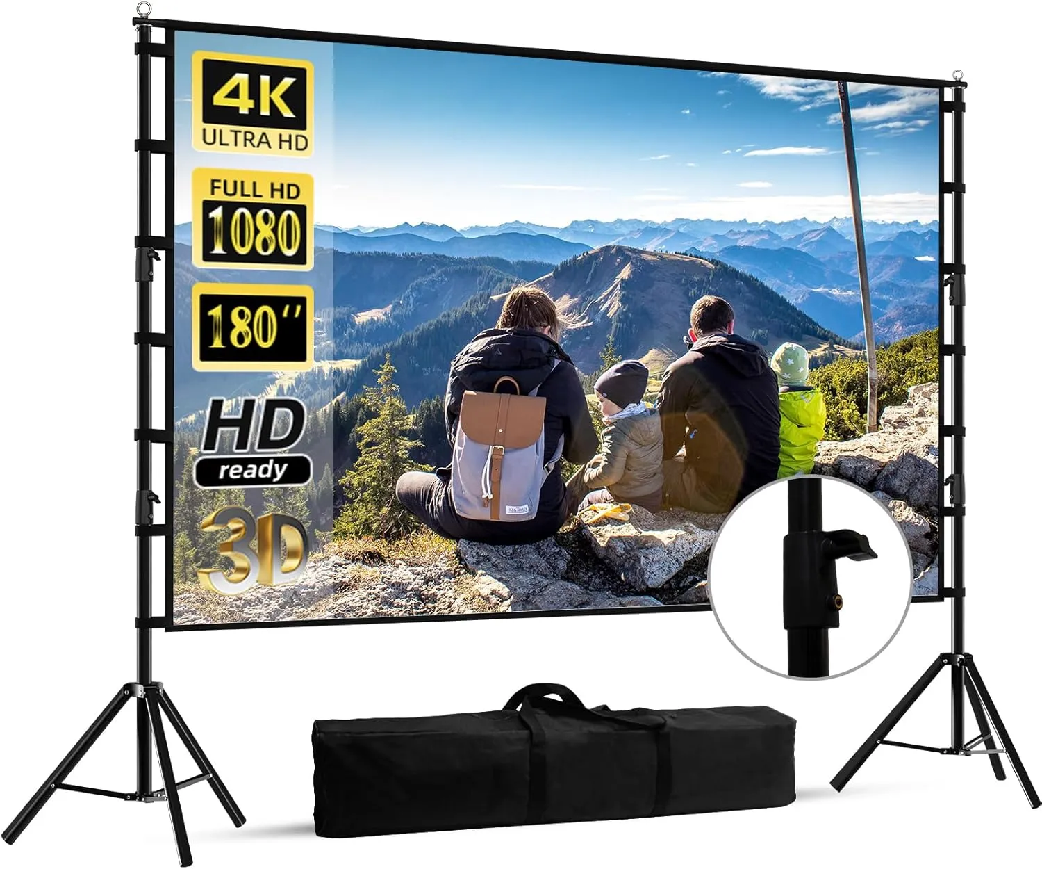 180 inch Projector Screen with Stand,HUANYINGBJB Outside Projection Screen, Portable 16:9 4K HD Rear Front Movie Screen with Carry Bag for Theater Backyard Movie Night,Cinema School, Churches,Parties