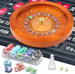18" Wooden Roulette Wheel Set with 47.2 * 23.6” Roulette Tablecloth 100pcs Poker Chips Roulette Win Marker Dual Balls Casino Game Sets Smooth Rotation Roulette Wheel for Family & Party Fun