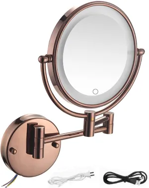 1X/10X Wall Mounted Vanity Mirror 8" Foldable Shaving Mirror,360°Swivel Double-Sided Makeup Mirror with Touch Button and Adjustable Led LighteRose Gold,Plug-in