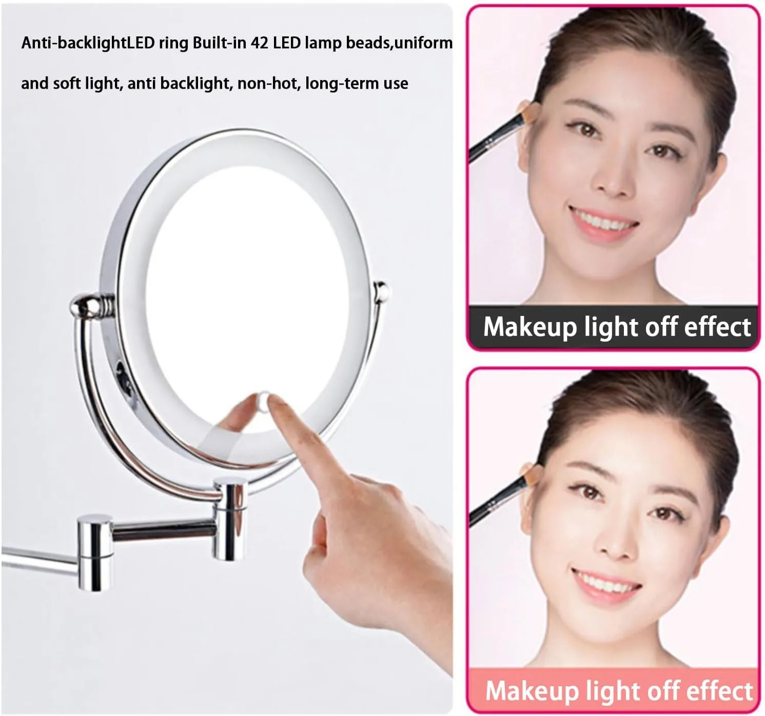 1X/10X Wall Mounted Vanity Mirror 8" Foldable Shaving Mirror,360°Swivel Double-Sided Makeup Mirror with Touch Button and Adjustable Led LighteRose Gold,Plug-in