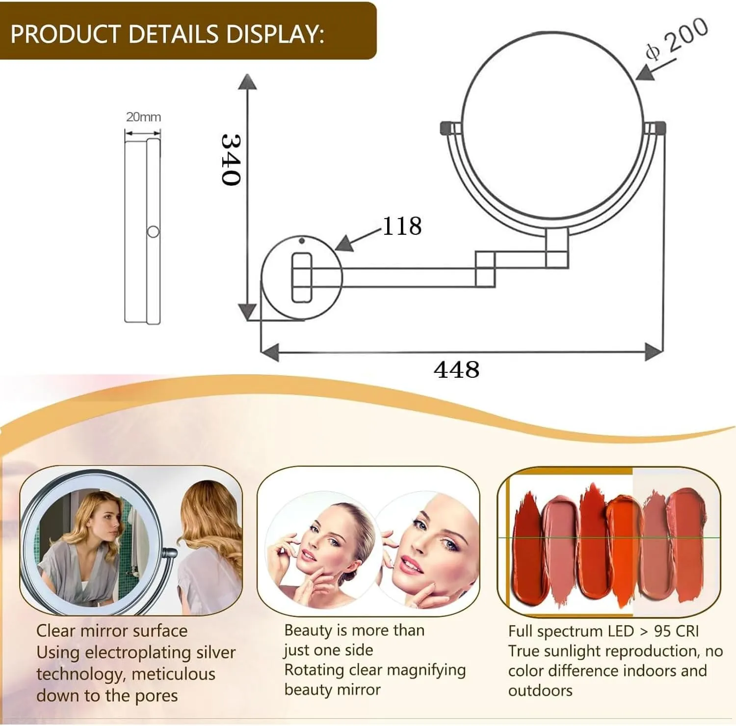 1X/10X Wall Mounted Vanity Mirror 8" Foldable Shaving Mirror,360°Swivel Double-Sided Makeup Mirror with Touch Button and Adjustable Led LighteRose Gold,Plug-in