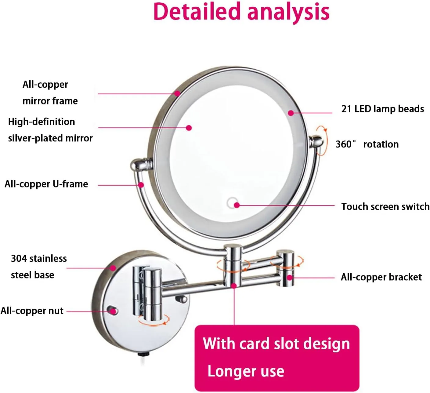 1X/10X Wall Mounted Vanity Mirror 8" Foldable Shaving Mirror,360°Swivel Double-Sided Makeup Mirror with Touch Button and Adjustable Led LighteRose Gold,Plug-in