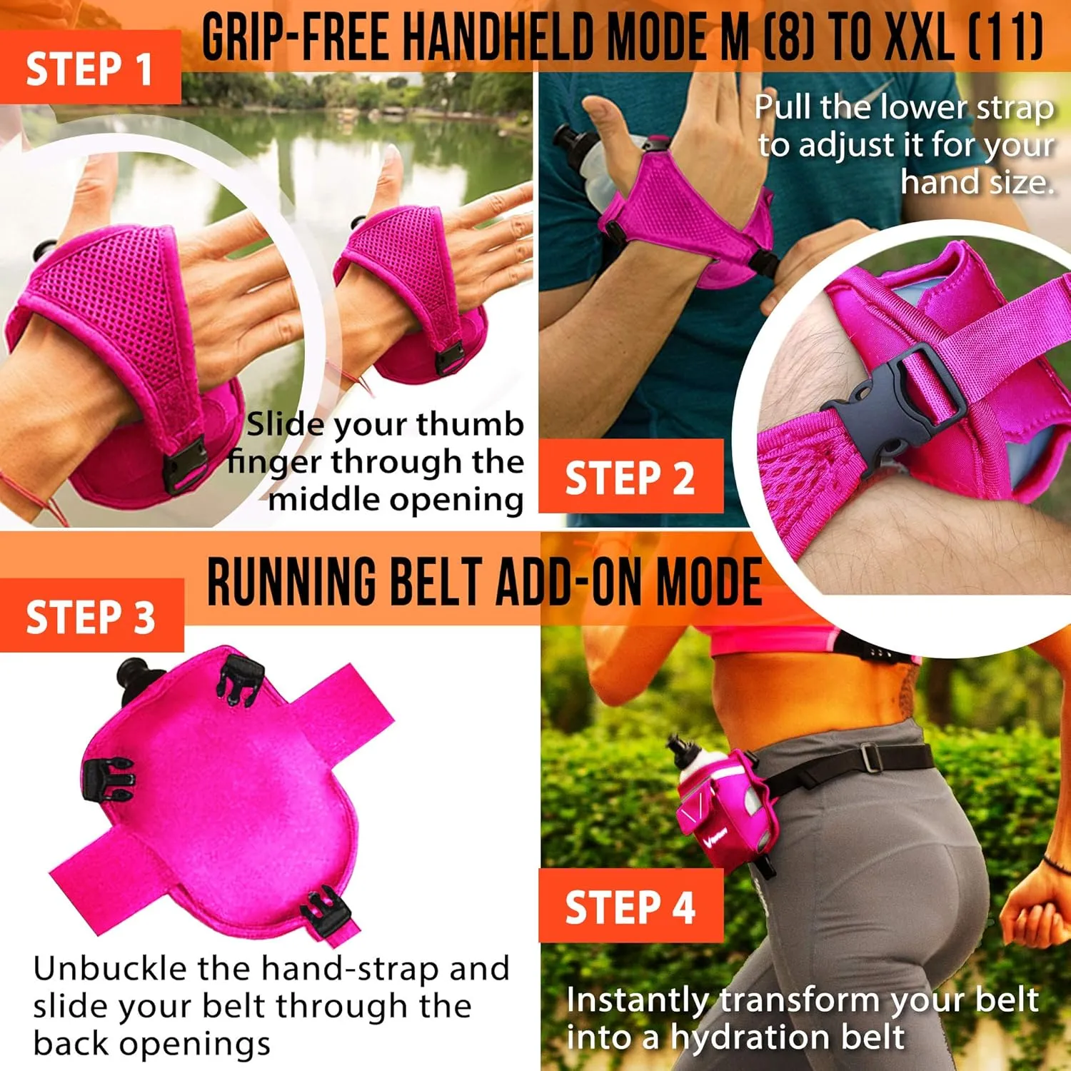 2-in-1 Running Fun – Handheld 12 Oz Water Bottle & Running Belt Add-On – No-Grip Design, Straps on Hand & Slides on Belt, Waterproof Pocket for Money, Keys, Gels – Maximize Time, Freedom & Health