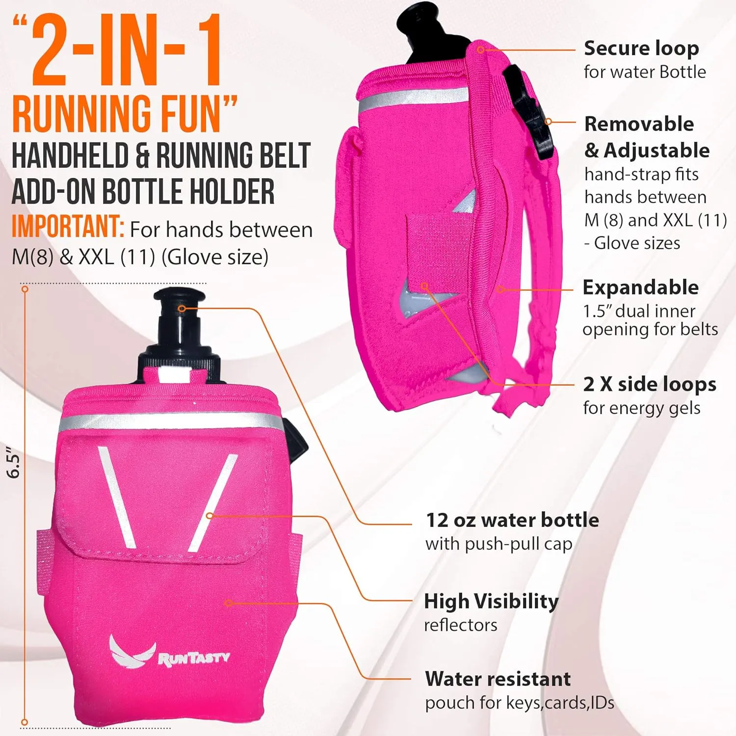 2-in-1 Running Fun – Handheld 12 Oz Water Bottle & Running Belt Add-On – No-Grip Design, Straps on Hand & Slides on Belt, Waterproof Pocket for Money, Keys, Gels – Maximize Time, Freedom & Health