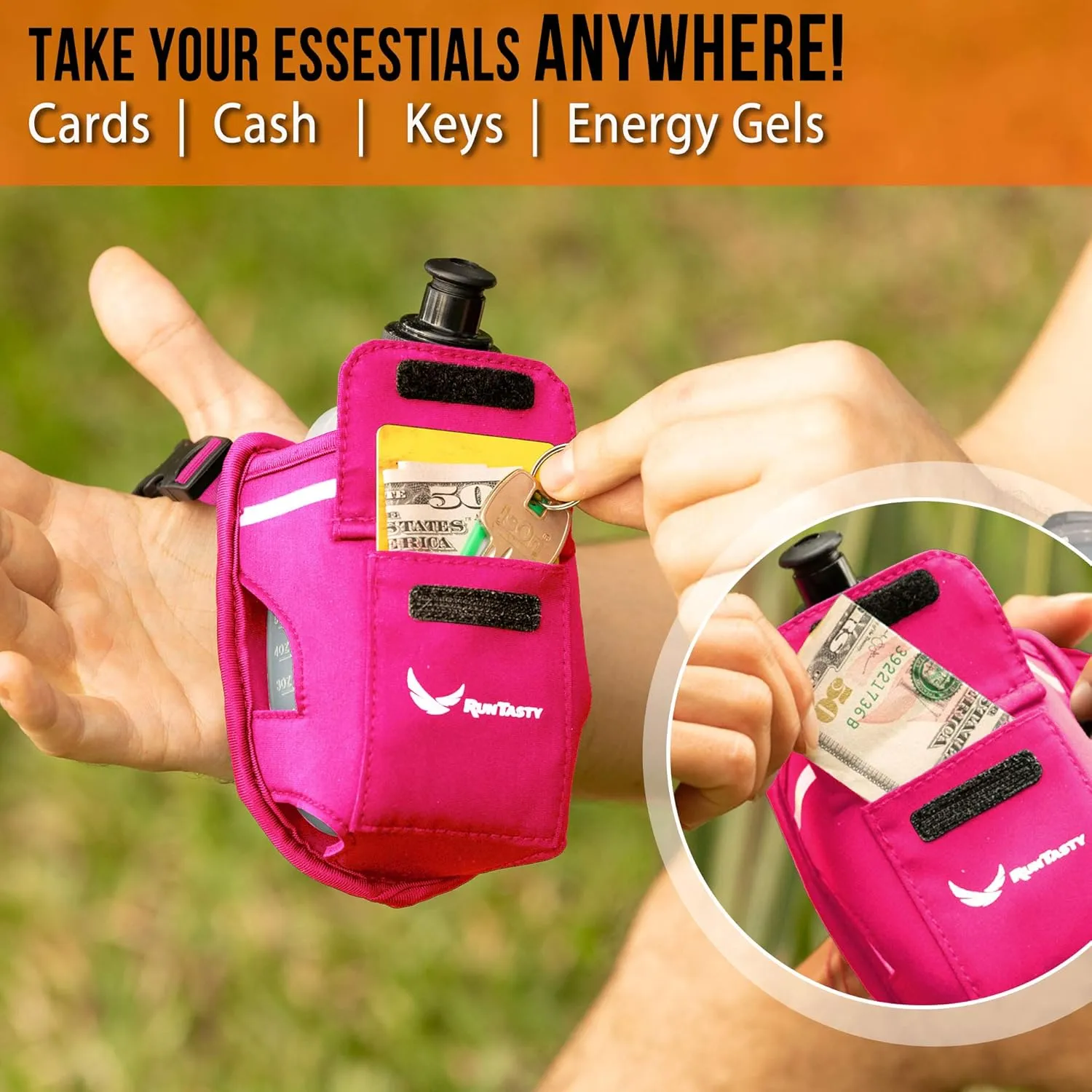 2-in-1 Running Fun – Handheld 12 Oz Water Bottle & Running Belt Add-On – No-Grip Design, Straps on Hand & Slides on Belt, Waterproof Pocket for Money, Keys, Gels – Maximize Time, Freedom & Health