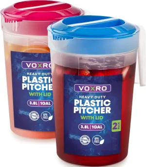 2-Pack 1-Gallon Plastic Pitchers with Lids – Iced Tea Pitchers with Twist Cover BPA-Free, Dishwasher & Freezer Safe, Ideal for Water, Juice & Fridge Storage