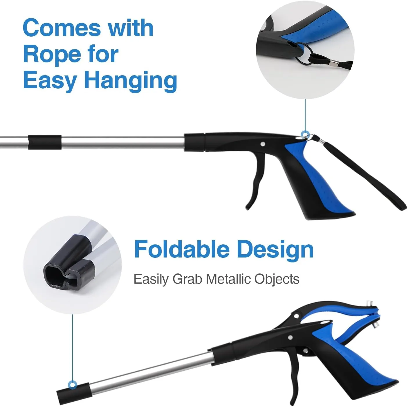 2-Pack Grabber Reacher Tool, 32 Inch Extra Long Steel Foldable Pick Up Stick with Strong Grip Magnetic, 90° Rotating Anti-Slip Jaw, Trash Claw Grabber Tool, Hand Grabber for Reaching, Arm Extension