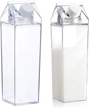 2 Pack Milk Carton Water Bottles 17oz/500ml Leak Proof Plastic Water Bottle Reusable BPA Free Sports Water Bottle Carton Shaped Juice Milk Bottle for Gym Camping Hiking Travel Sports, Dishwasher Safe