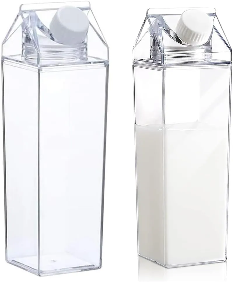 2 Pack Milk Carton Water Bottles 17oz/500ml Leak Proof Plastic Water Bottle Reusable BPA Free Sports Water Bottle Carton Shaped Juice Milk Bottle for Gym Camping Hiking Travel Sports, Dishwasher Safe