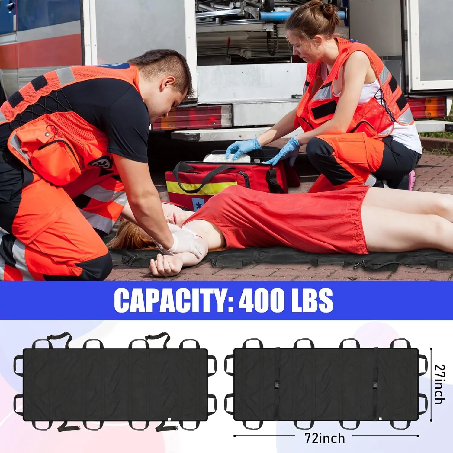 2 Pcs 72" x 27" Portable Foldable Stretcher with 12 Rubber Foam Handles Medical Emergency Lightweight Patient and Animals Transport Stretcher for Rescue First Aid(Black)
