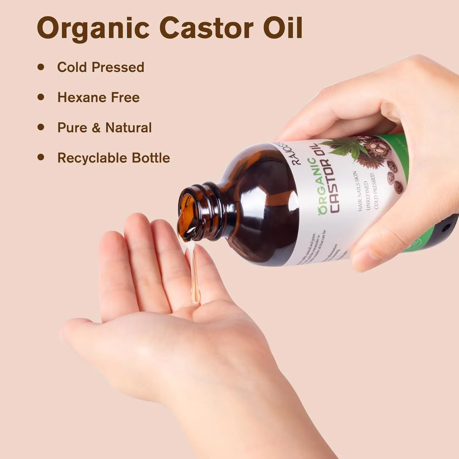 2 Pcs Certified Organic Castor Oil, Natural Oil Cold Pressed in Glass Bottle, Massage Oil, Pure for Hair Growth Eyelashes Eyebrows Lash Serum - Hexane Free, 8 oz Per Bottle