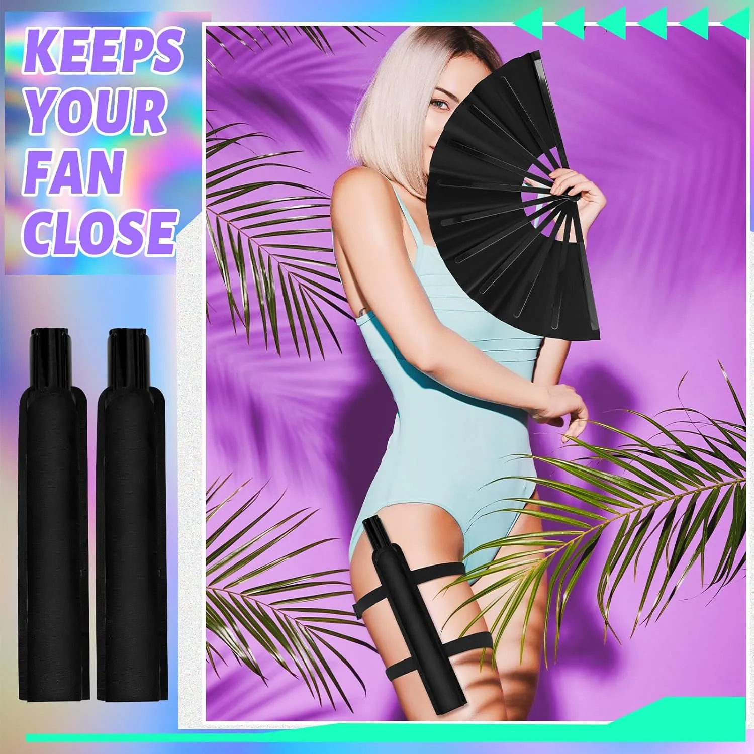 2 Pcs Large Rave Fan Set with Folding Summer Hand Fan Holster for Festival Line Dancing Festival Party