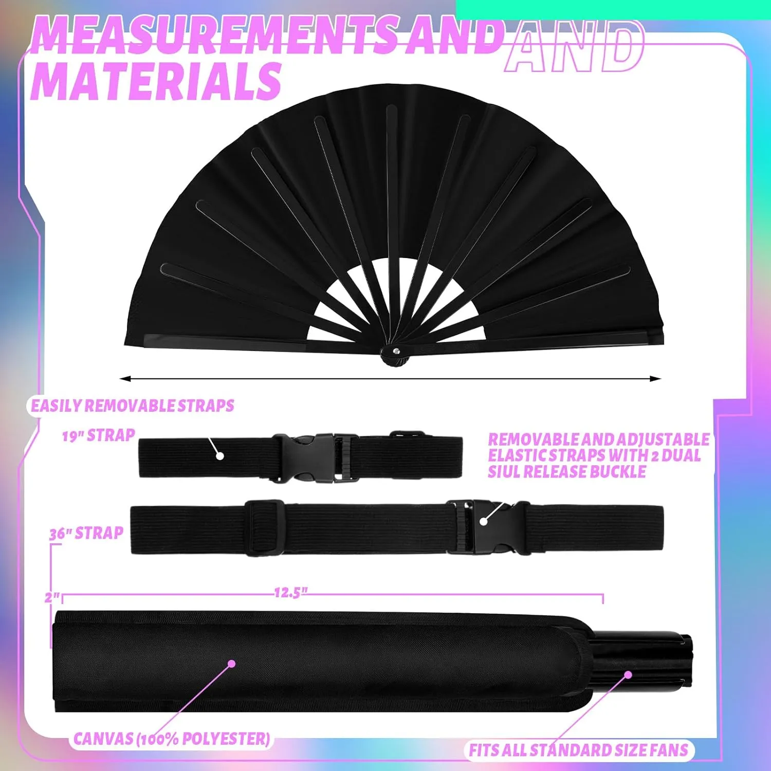 2 Pcs Large Rave Fan Set with Folding Summer Hand Fan Holster for Festival Line Dancing Festival Party