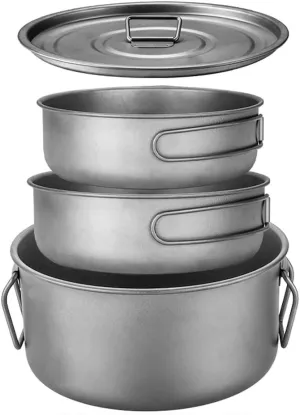2 Piece-Set, Outdoor Titanium Frying Pan & Pot with Lid Folding Handle Camping Hanging Cookware Hiking Picnic Ultralight Bowl Tableware