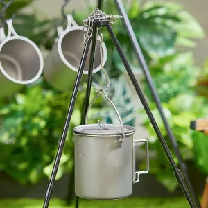 2 Piece-Set, Outdoor Titanium Frying Pan & Pot with Lid Folding Handle Camping Hanging Cookware Hiking Picnic Ultralight Bowl Tableware