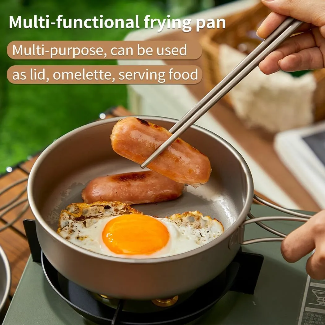 2 Piece-Set, Outdoor Titanium Frying Pan & Pot with Lid Folding Handle Camping Hanging Cookware Hiking Picnic Ultralight Bowl Tableware