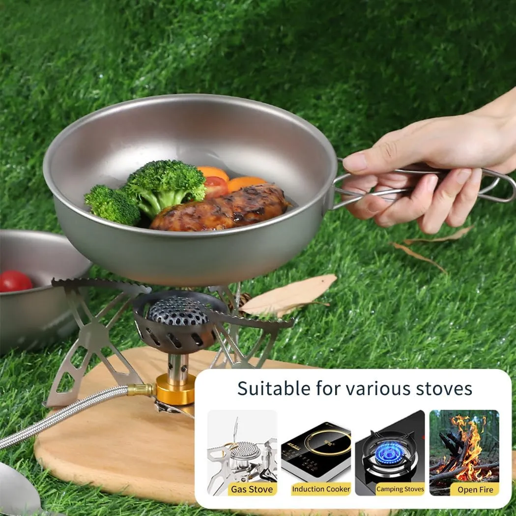 2 Piece-Set, Outdoor Titanium Frying Pan & Pot with Lid Folding Handle Camping Hanging Cookware Hiking Picnic Ultralight Bowl Tableware