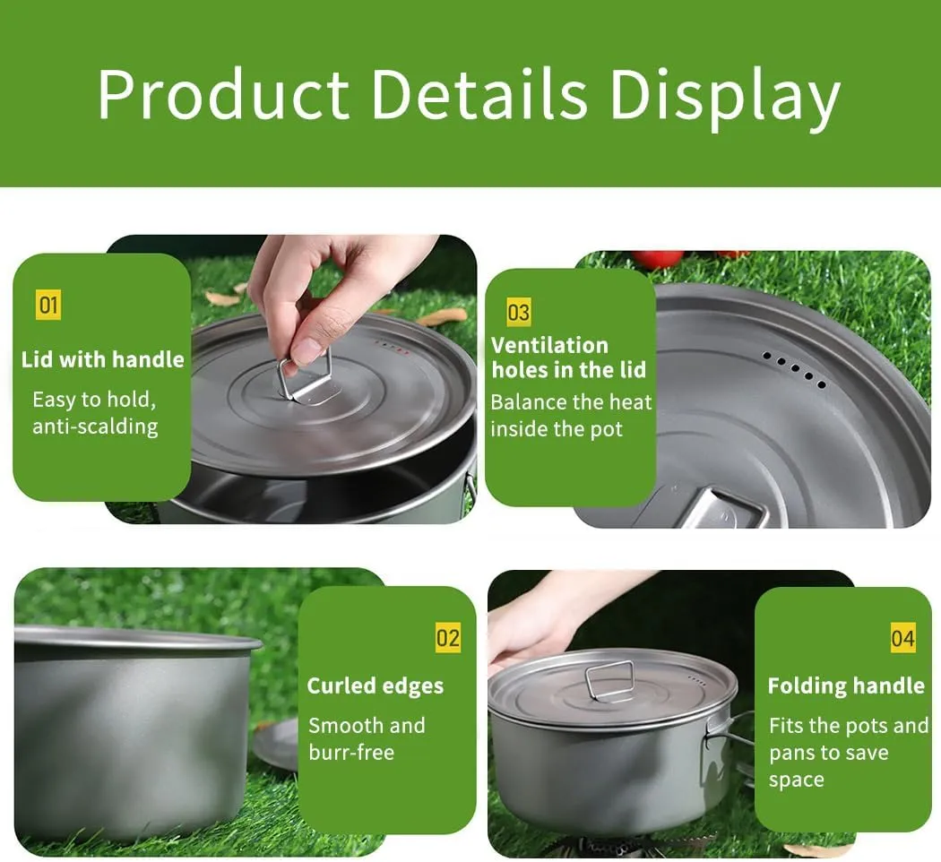 2 Piece-Set, Outdoor Titanium Frying Pan & Pot with Lid Folding Handle Camping Hanging Cookware Hiking Picnic Ultralight Bowl Tableware