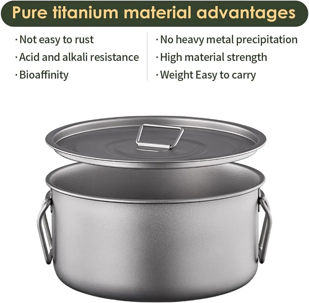 2 Piece-Set, Outdoor Titanium Frying Pan & Pot with Lid Folding Handle Camping Hanging Cookware Hiking Picnic Ultralight Bowl Tableware